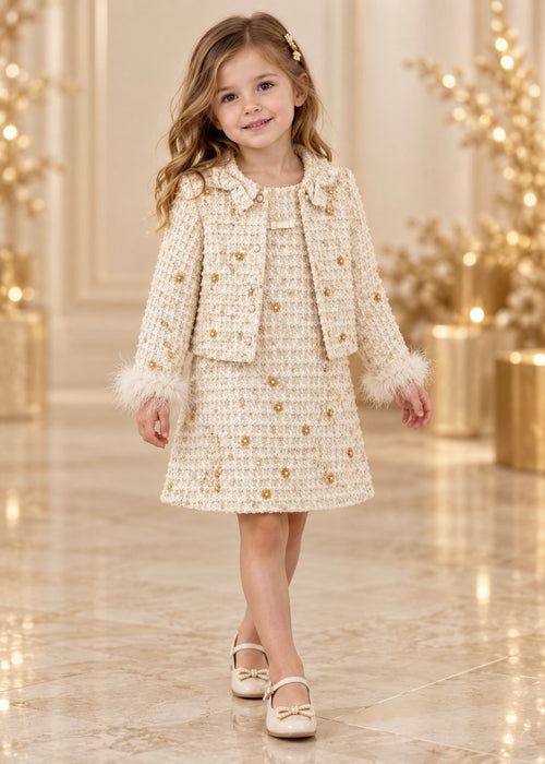 Gold Trim Tweed Jacket & Dress Set