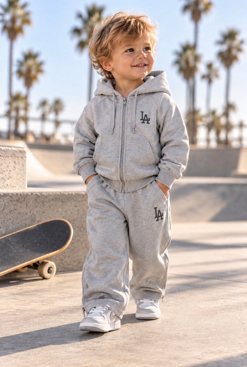LA Kids Zip-Up Hoodie & Wide-Leg Pants Set – Heather Gray