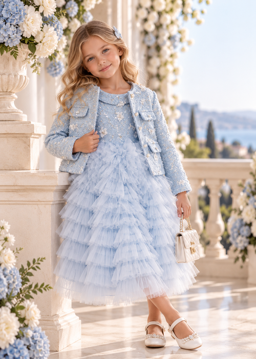 Blue Flowers Tweed Jacket & Tulle Dress