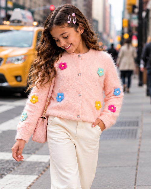 Pink Fuzzy Flower Cardigan
