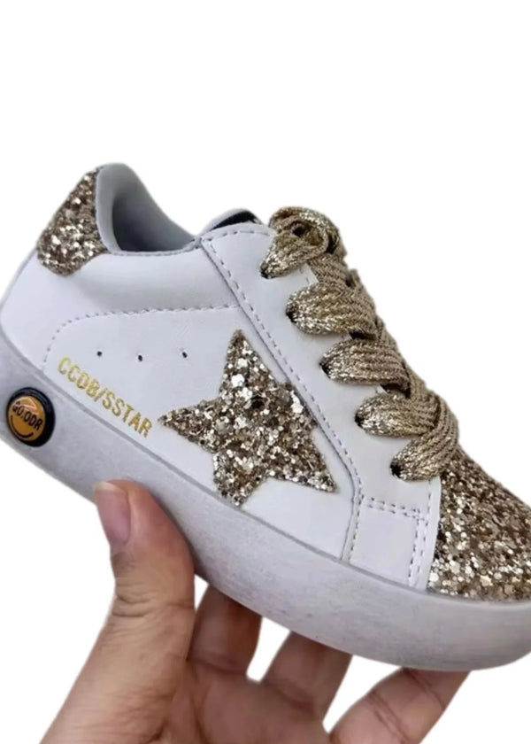 White Glitter Gold Star Sneakers