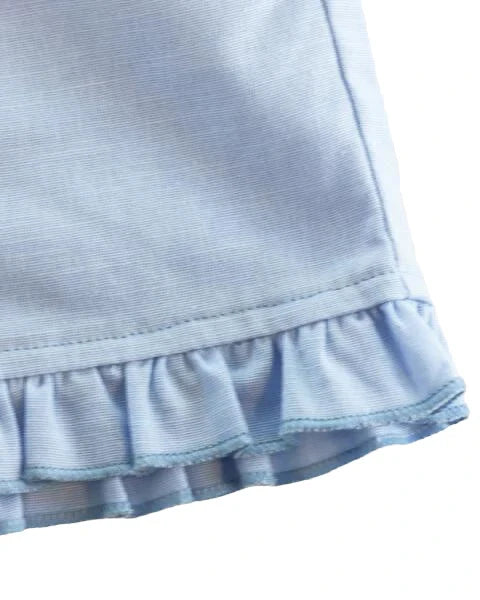 Close-up of a light blue skirt with ruffled hem on a white background
