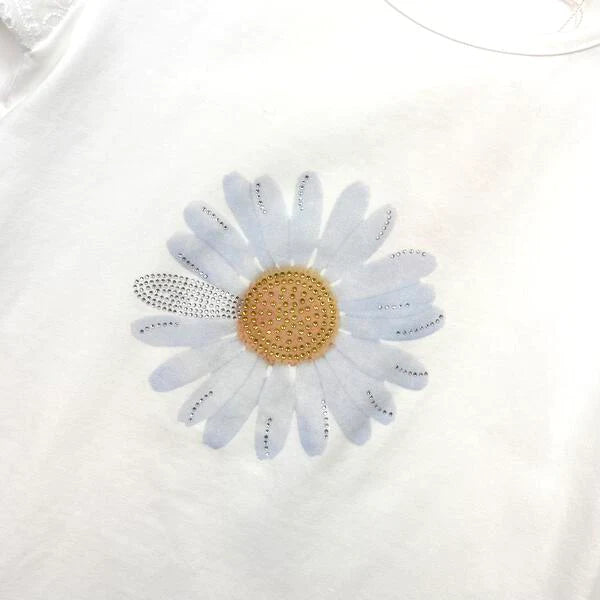 Rhinstone Floral Lace Sleeves White Tee
