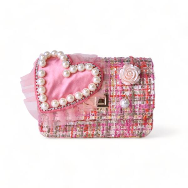 Big heart tweed pink purse for kid girl