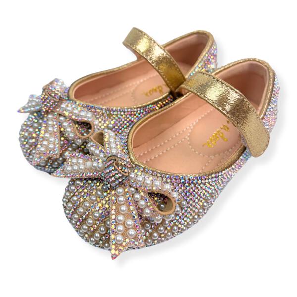 Gold Pearl & Rhinestone Flat Shoes