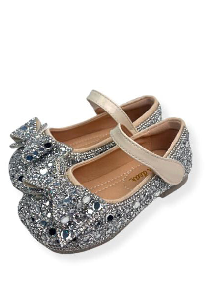 Silver Embellished Bowtie Flat Shoes