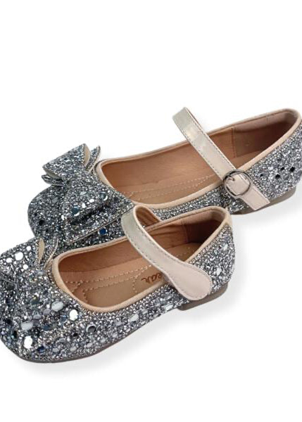 Silver Embellished Bowtie Flat Shoes