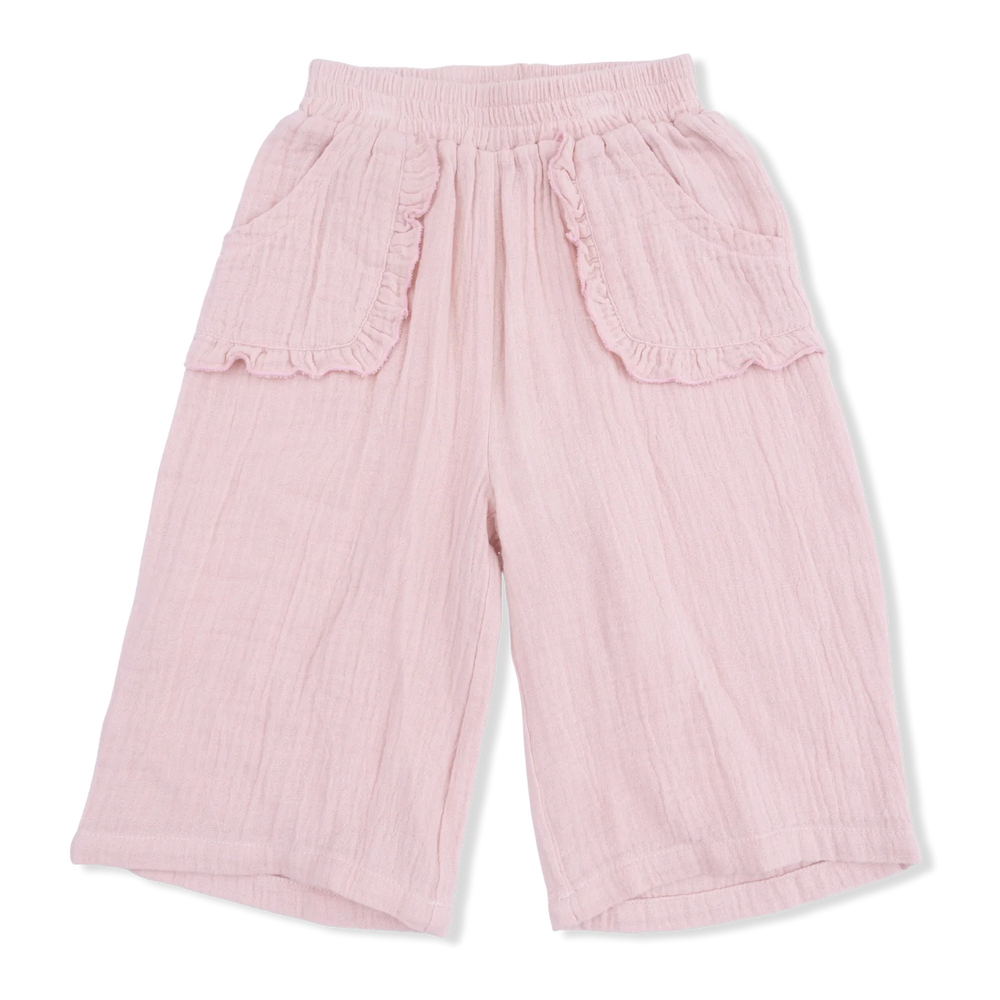 Solid Muslin Lotus Wide Pants With Ruffle Pocket