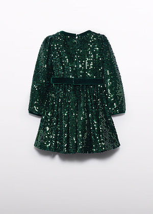 Girls Sequin Velvet Dress Green