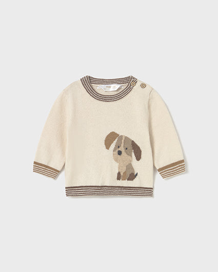 Beige sweater with a dog design on a light gray background