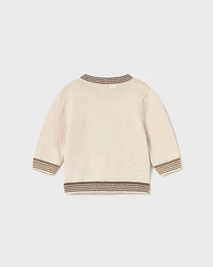 Beige sweater with striped cuffs and hem on a white background