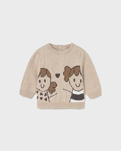 Beige sweater with cartoon characters on a white background