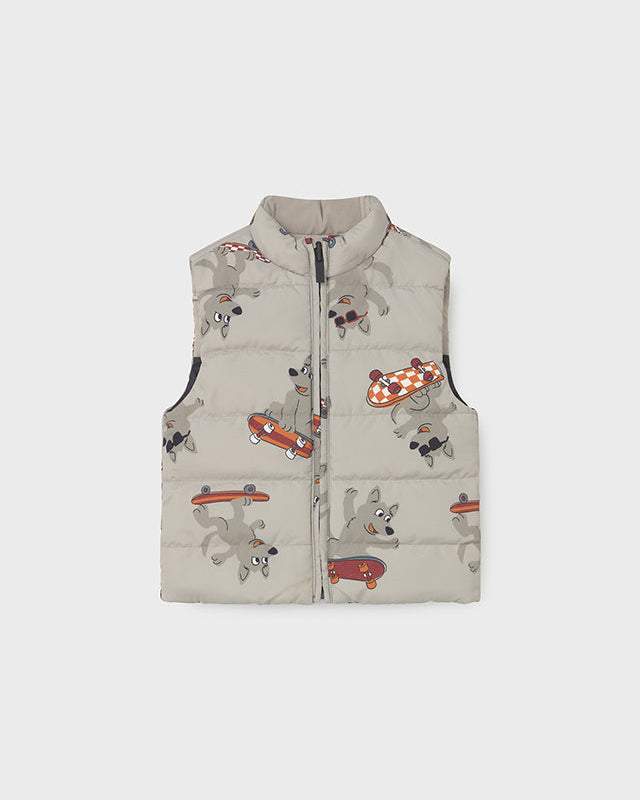 Children's puffer vest with cartoon dog design on a light gray background