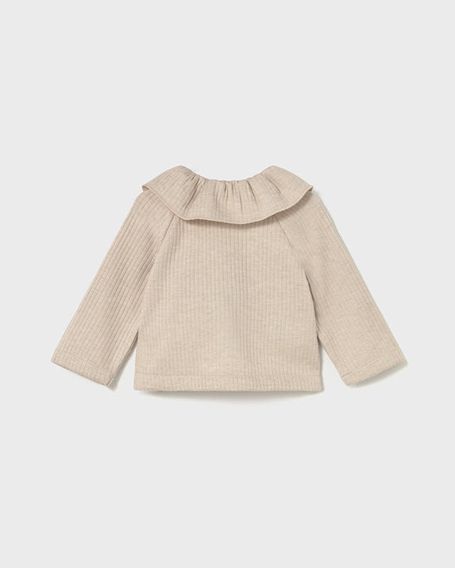 Beige ribbed sweater with a collar on a white background