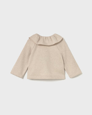 Beige ribbed sweater with a collar on a white background
