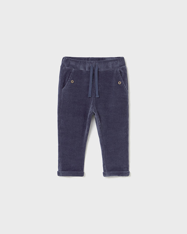 Navy blue pants with drawstring on a white background