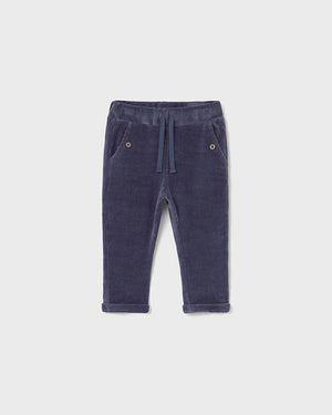 Navy blue pants with drawstring on a white background