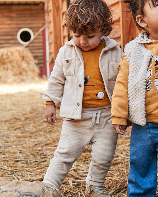 Two children in a barn setting, one wearing a beige jacket and the other in a yellow jacket with a patterned design.