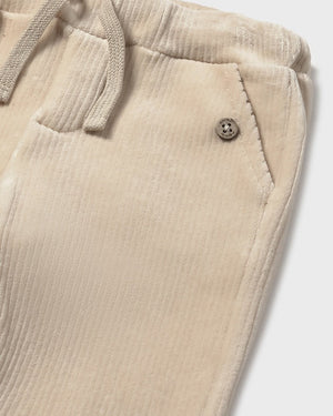 Beige corduroy pants with a button on a white background