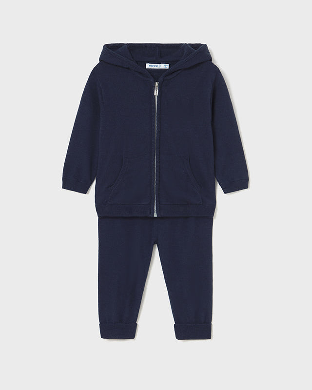 Navy blue hoodie and jogger set on a white background