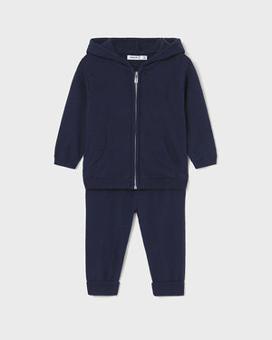 Navy blue hoodie and jogger set on a white background