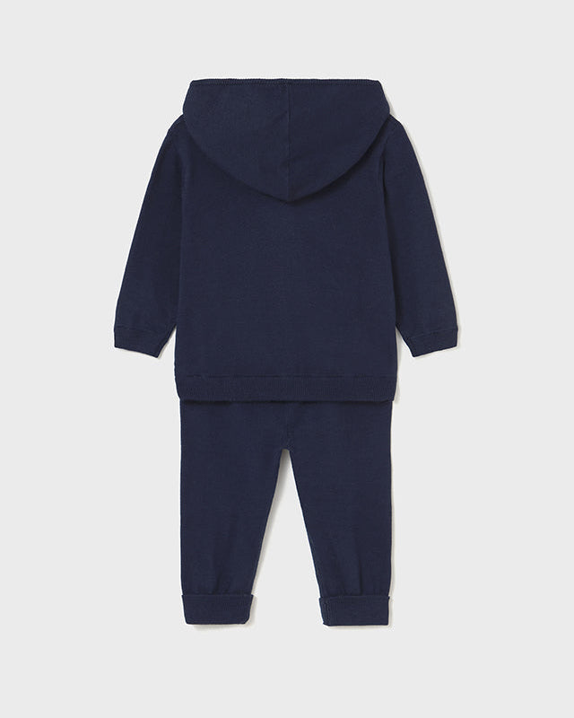 Navy blue hoodie and jogger set on a light gray background
