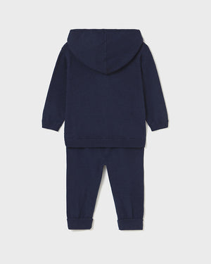 Navy blue hoodie and jogger set on a light gray background
