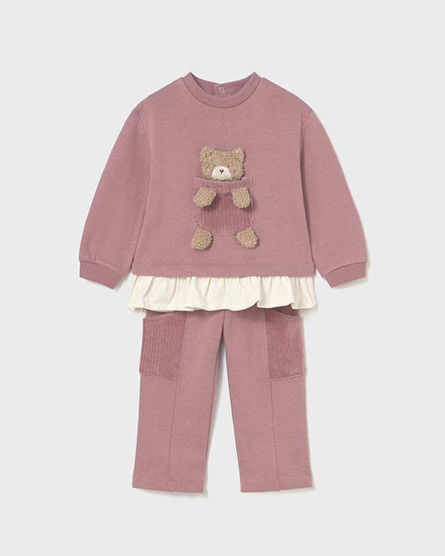 Children's outfit with pink sweater and pants featuring teddy bear designs on a light gray background