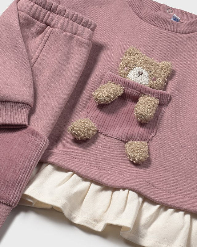 Children's pink sweater with teddy bear design and matching pants on a light background