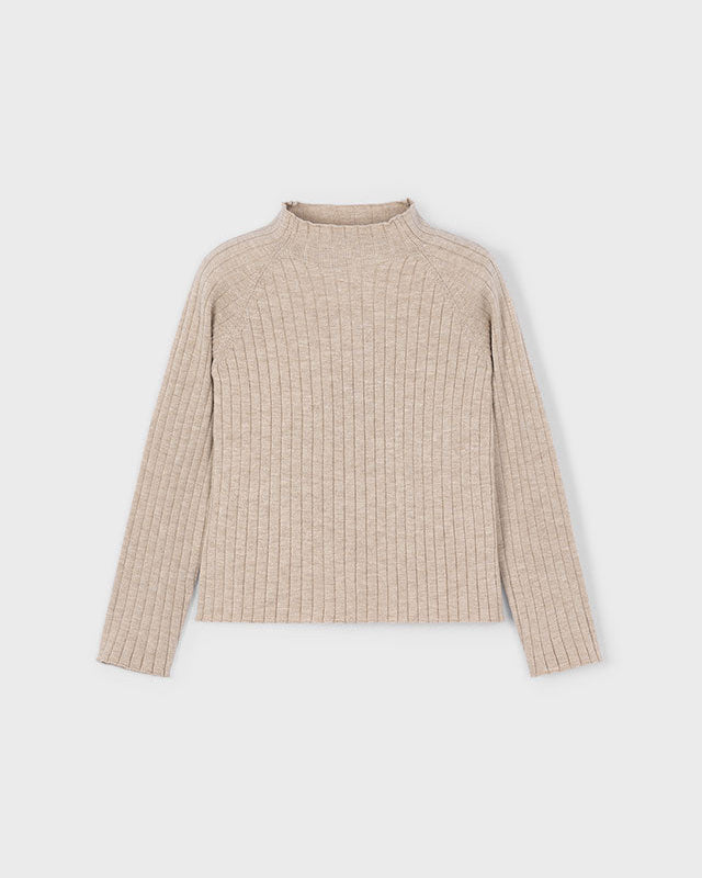 Beige ribbed sweater on a light gray background