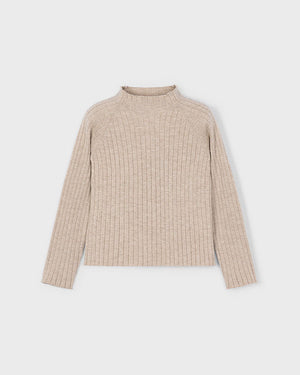 Beige ribbed sweater on a light gray background