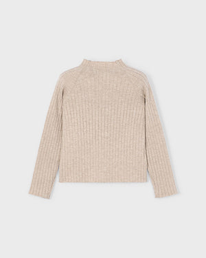 Beige ribbed sweater on a light gray background