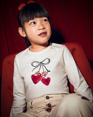 Child wearing a white shirt with a cherry design on a red background
