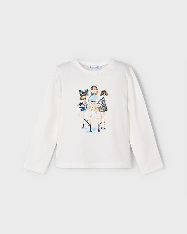 White long-sleeve shirt with a graphic of three people and a dog on a white background