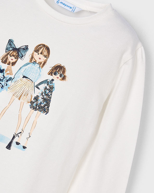 White sweatshirt with cartoon-style illustration of three women on a white background