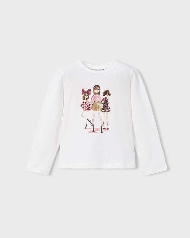 White long-sleeve shirt with a graphic of three girls on a white background