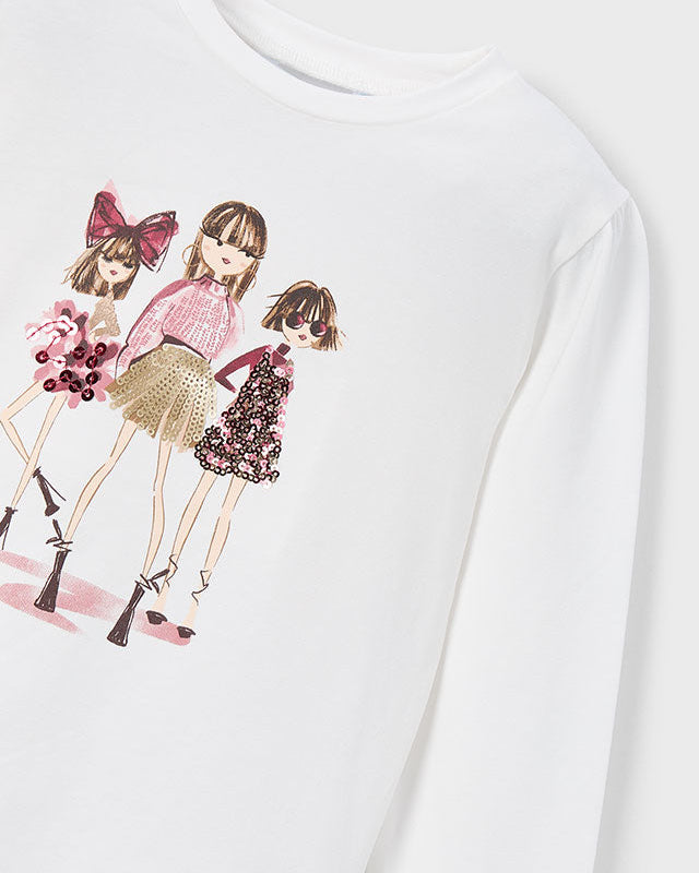 White sweatshirt with a graphic of three women in dresses and high heels on a white background