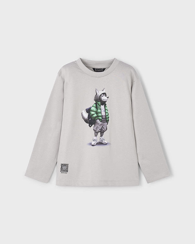 Gray long-sleeve shirt with a cartoon character on a white background