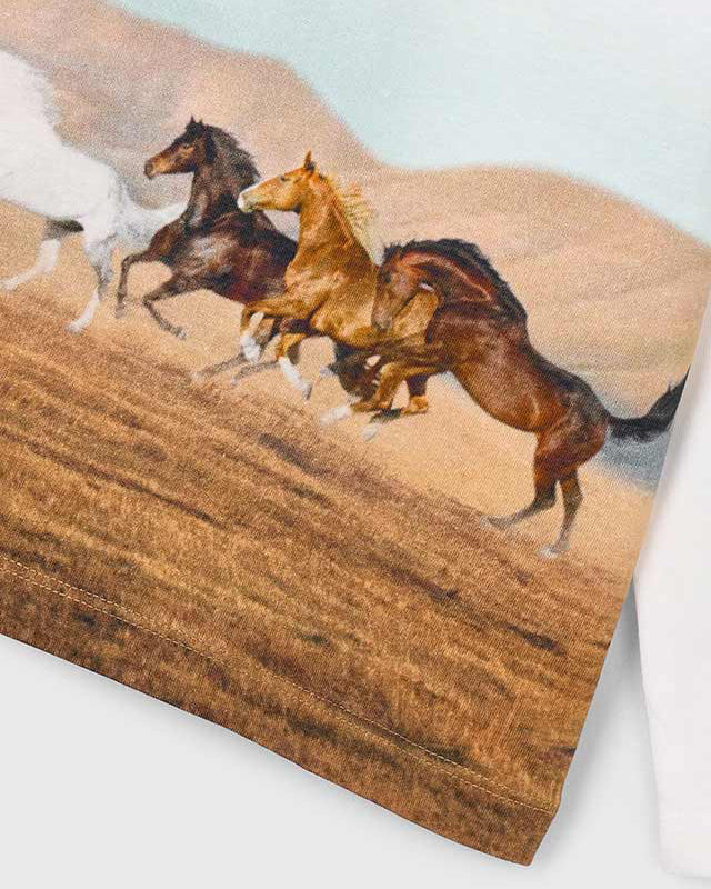 Wooden plaque with a painting of three horses running on a hillside.