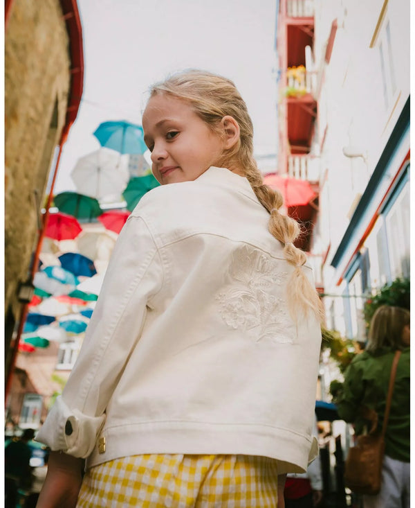 Deux par Deux White Embroidery Flower Denim Jacket