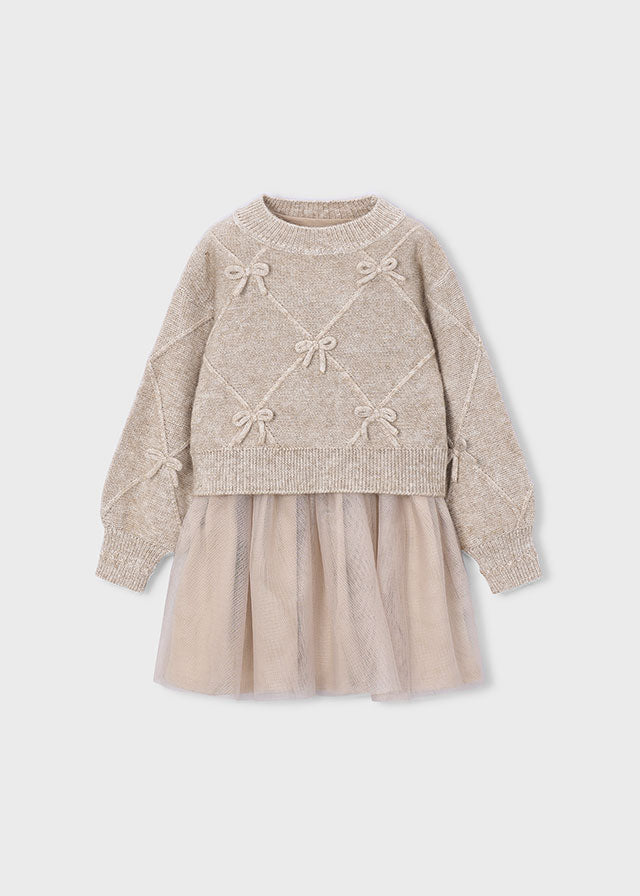 Girl Mixed Knit Dress With Bows