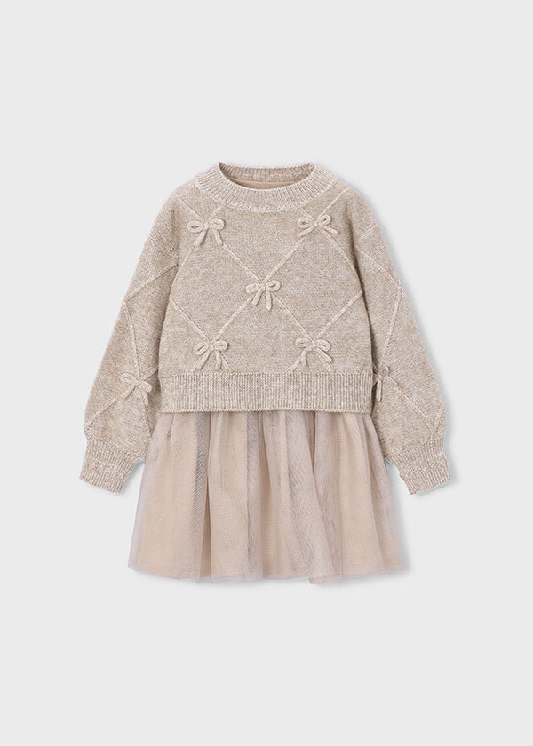 Girl Mixed Knit Dress With Bows