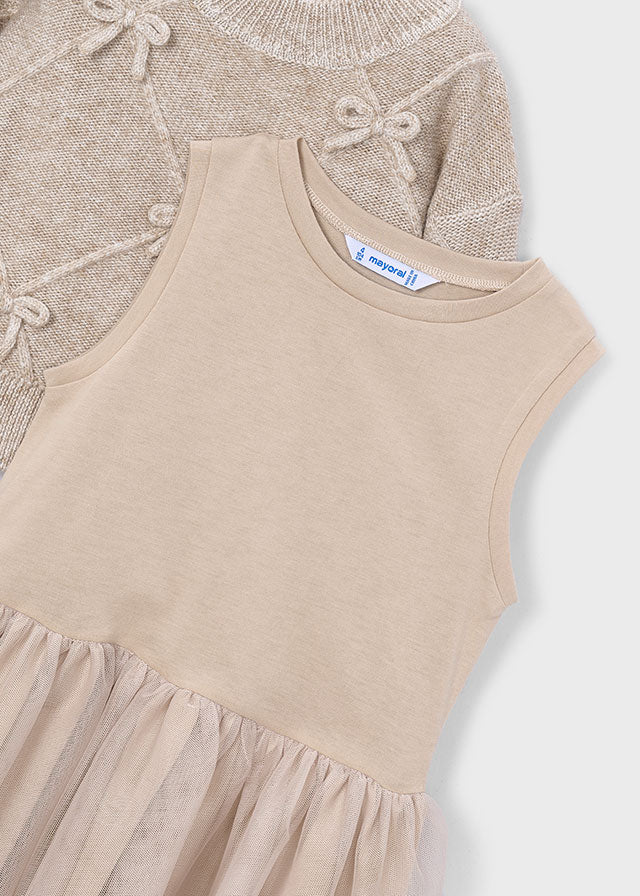 Girl Mixed Knit Dress With Bows