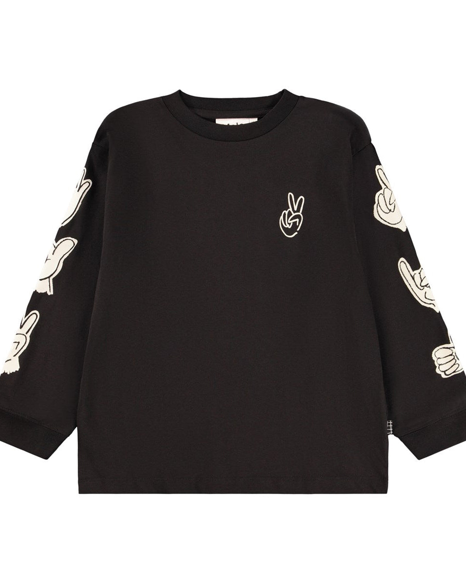 Black sweatshirt with peace sign designs on sleeves against a white background