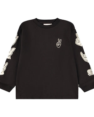 Black sweatshirt with peace sign designs on sleeves against a white background