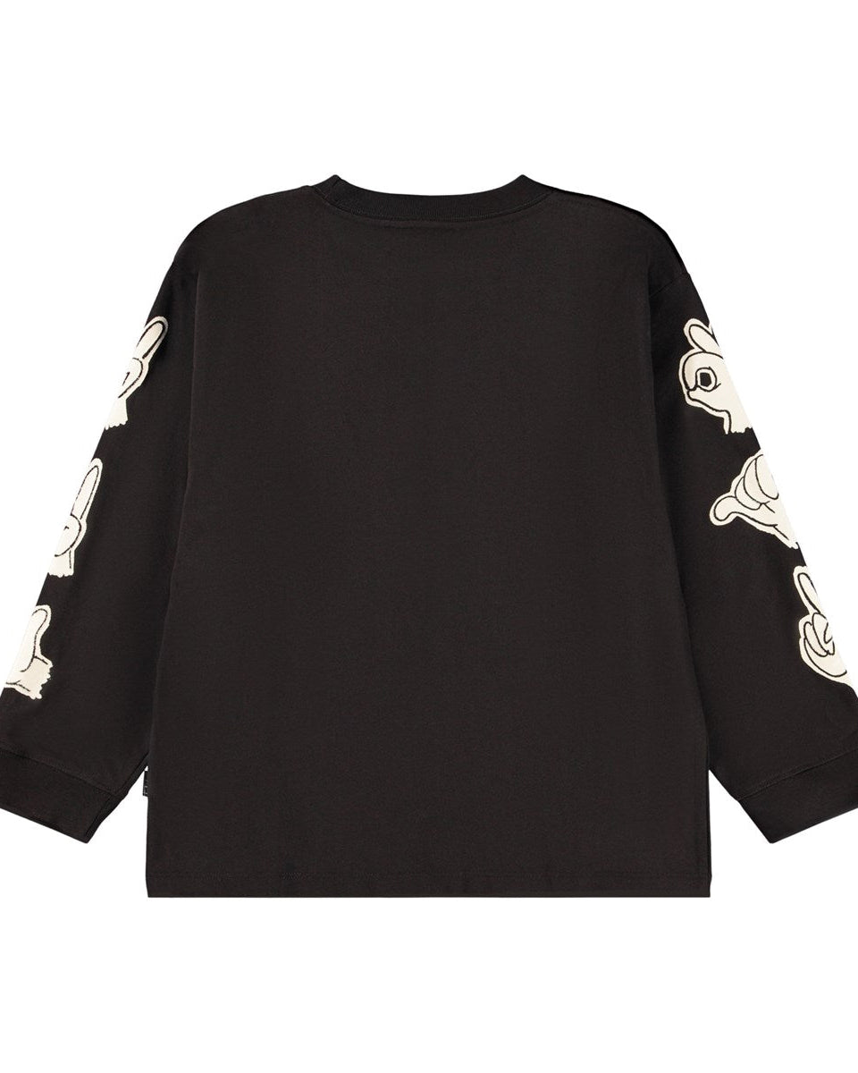 Black long-sleeve shirt with white graphic designs on sleeves against a white background