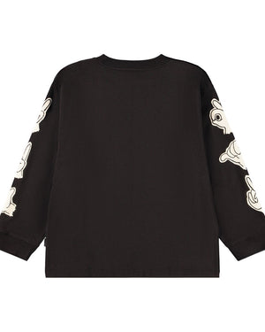 Black long-sleeve shirt with white graphic designs on sleeves against a white background