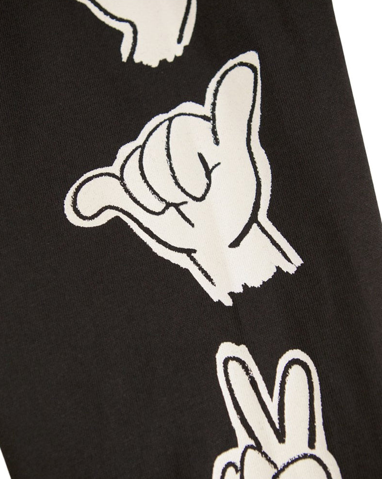 Black fabric with white hand gesture prints