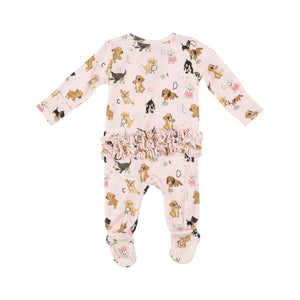 2 way zipper ruffle back pink with dogs footie for baby girl