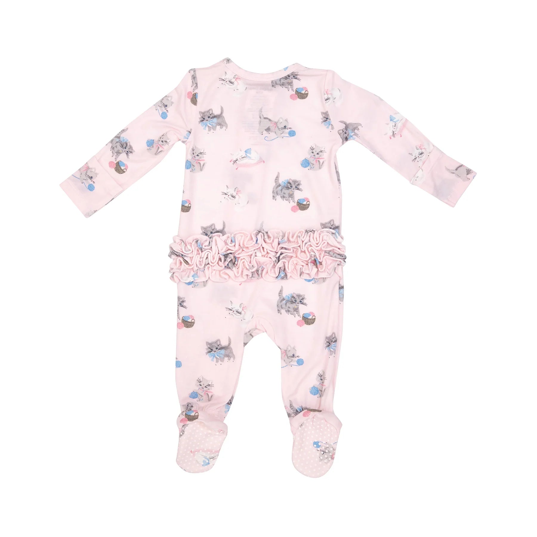 2 way zipper ruffle back pink footie with cats for baby girl